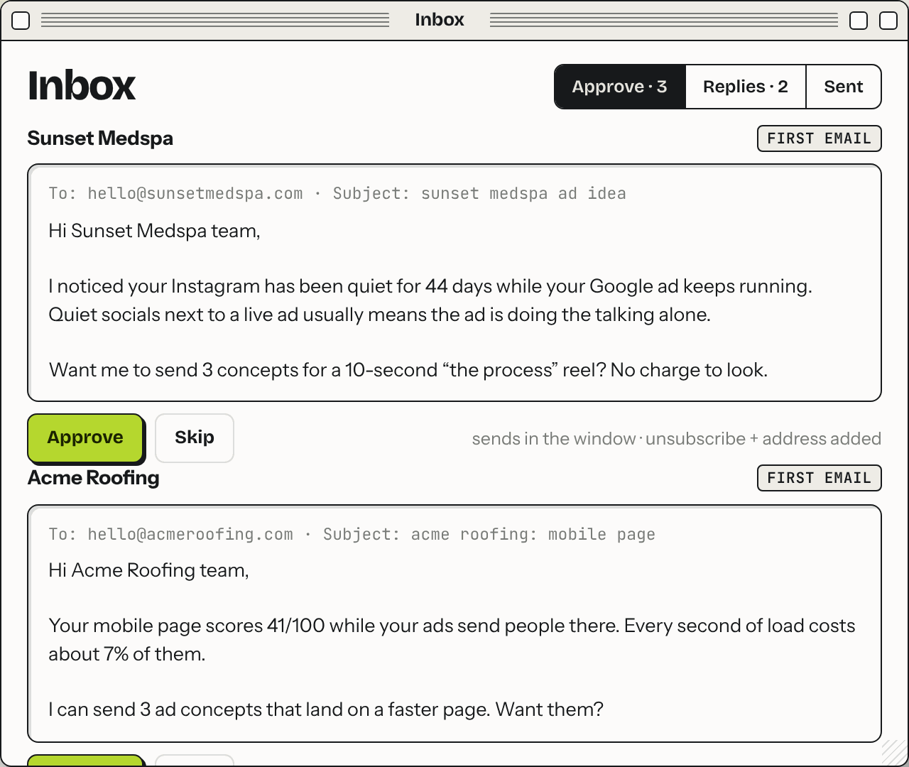 Inbox window: first emails to approve, each with the draft and Approve and Skip buttons.