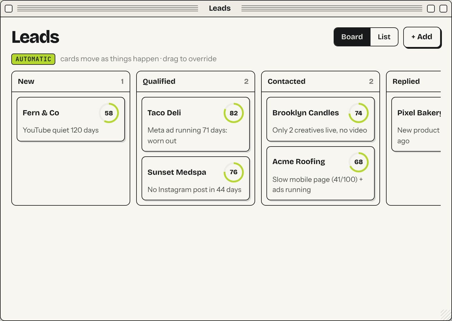 Leads window: a board with New, Qualified, Contacted and Replied columns, each business a card with a score.