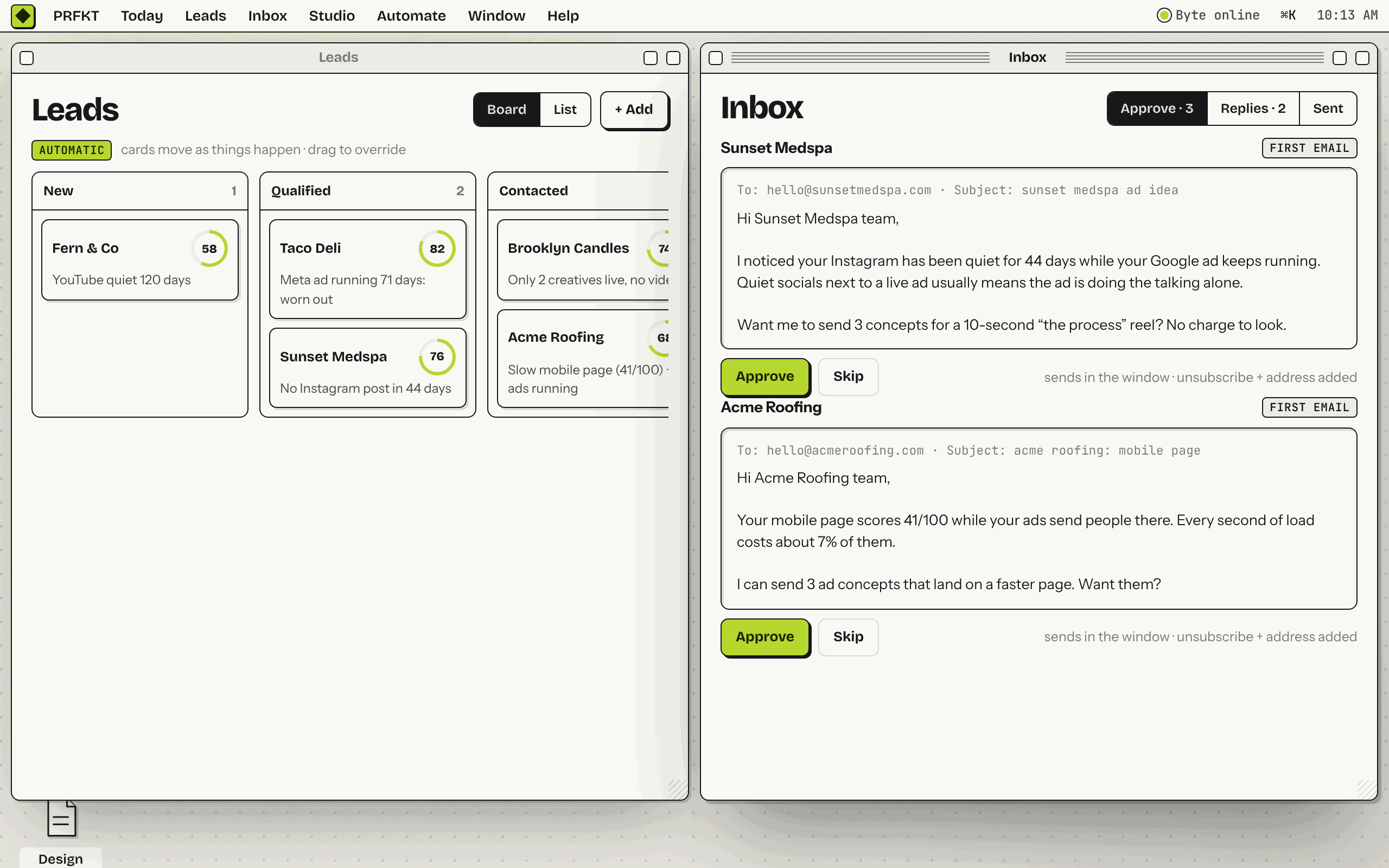 The desktop with Leads snapped to the left half and Inbox to the right half.